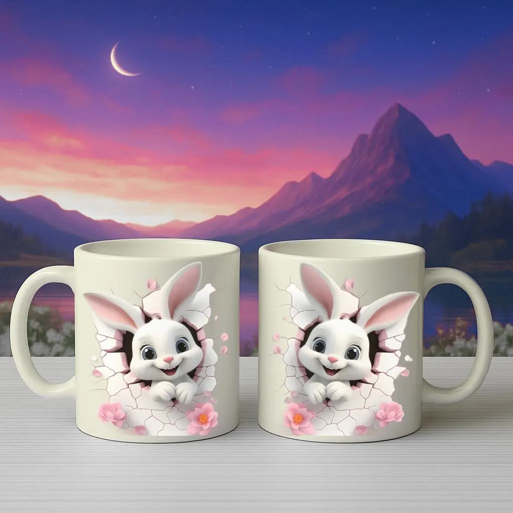 Cute Bunny Mug with 3D Cracked Wall Design, Adorable White Rabbit and Pink Flower Illustration Coffee Cup, Sweet Ceramic Mug for Bunny Lovers | Gifts for Kids | Home Decor | Hot Chocolate | Drinks | Novelty Gifts | Office Mugs |