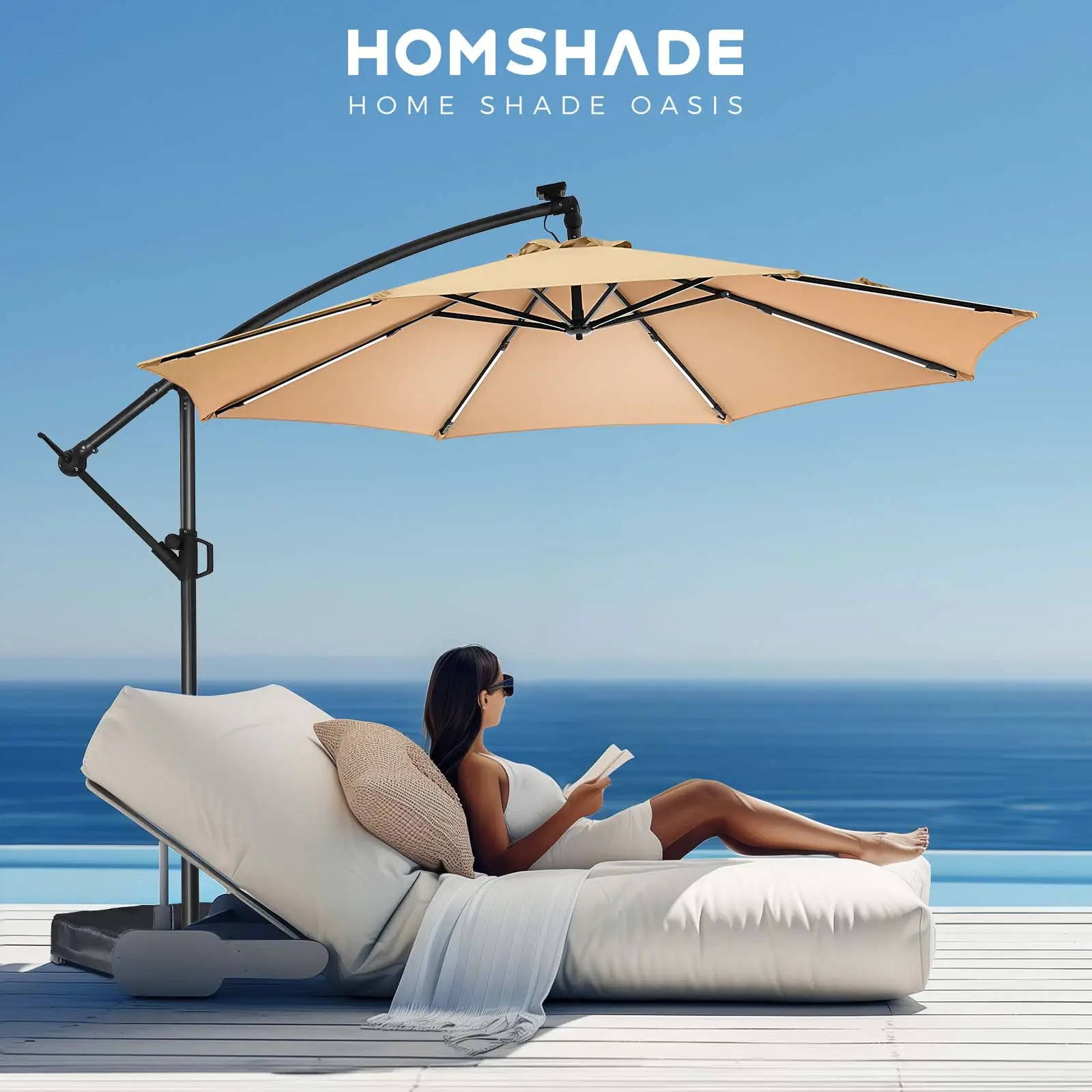 【Flash Sale Alert】HOMSHADE 10ft/9ft/7.5ft Offset Cantilever Patio Umbrella | Solar-Powered Lights + Stable Base | UPF50+ UV Protection Hanging Market