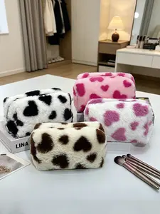 1pcs Heart Print Furry Makeup Bag Plush Travel Cosmetic Organizer Soft Toiletry Pouch for Women Girls, Cute Gift for Birthday Christmas Halloween, Stylish Functional Storage for Essentials at Home or on Vacation