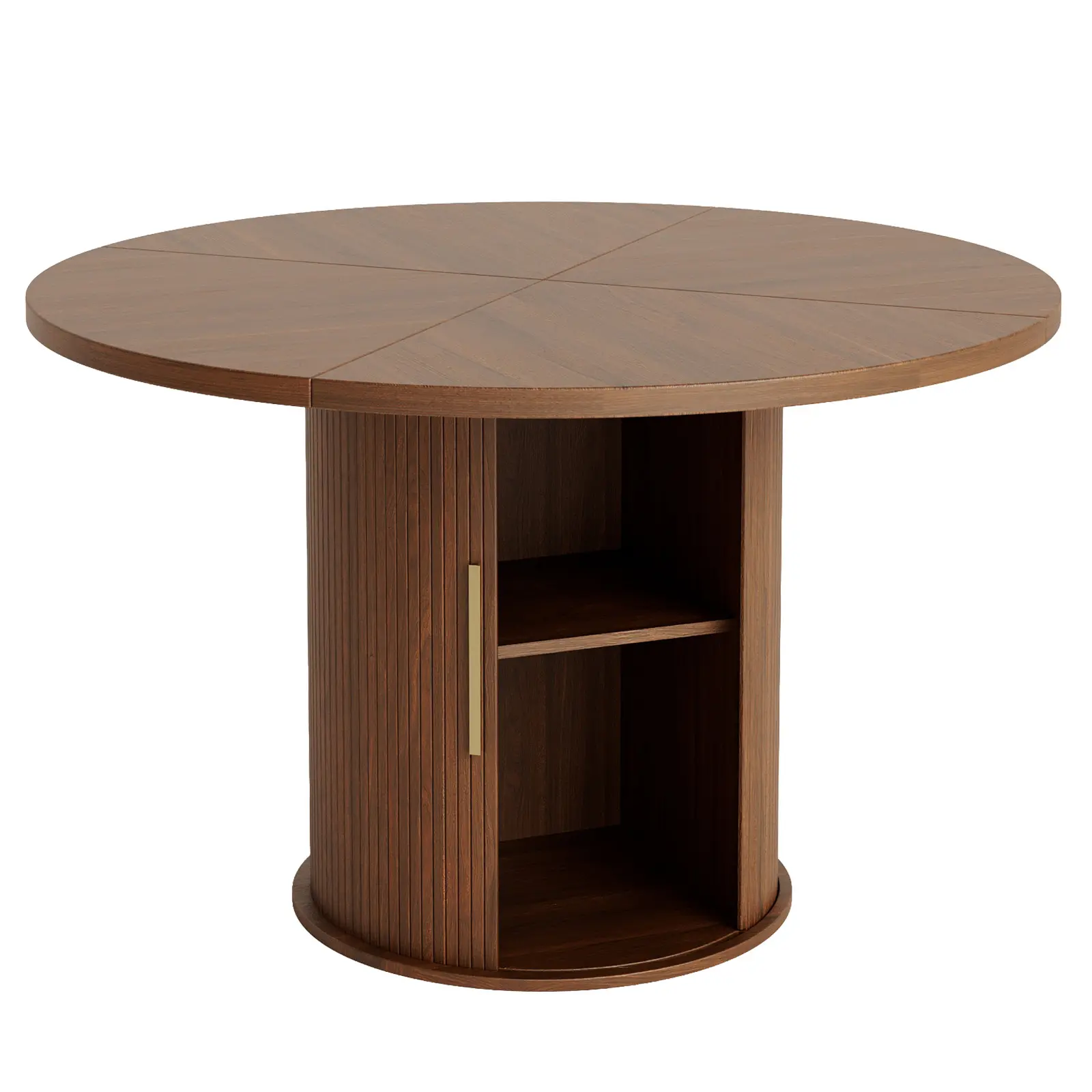 Karlhome 2/4-Seater Circular Dining Table - Round Shape, Walnut Finish, MDF Melamine Veneer, Cut Tabletop, Grille Rolling Door, Rolling Base