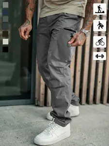 Men’s Summer Sports Pants – Lightweight Soft Fabric, Gray with Large Side Pockets, Comfortable Design, Casual Athletic Wear for Gym Use, 100% Polyester, Straight-Leg Fit