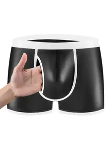 Men's Soft Leather Briefs, Sexy Hollow Out Design, Elastic Waistband, Solid Pattern, All Seasons, Comfortable Boxer Trunks