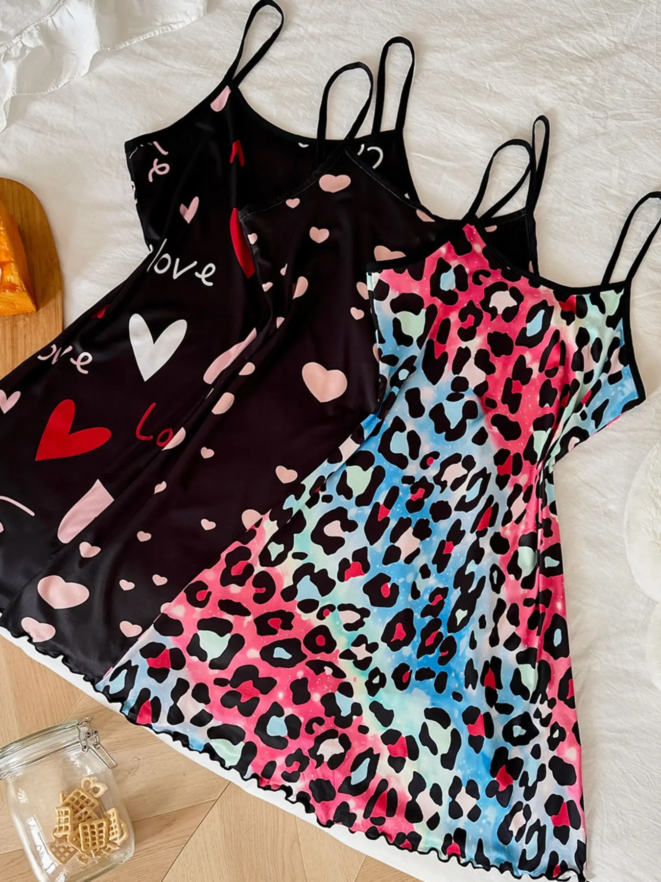 Women's Leopard Heart Print Sleeveless Spaghetti Strap Vest Dress Set, Casual Sleepwear Loungewear & Comfortable Homewear, Mixed Colors, 3 Piece, Leopard Print Nightdress