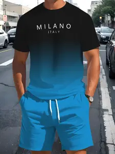 Men's Casual Short Sleeve Tee & Shorts Set, All over Print, Slim-Fit, Knee-Length, Spring Summer Outdoor Wear, Trendy Sportswear