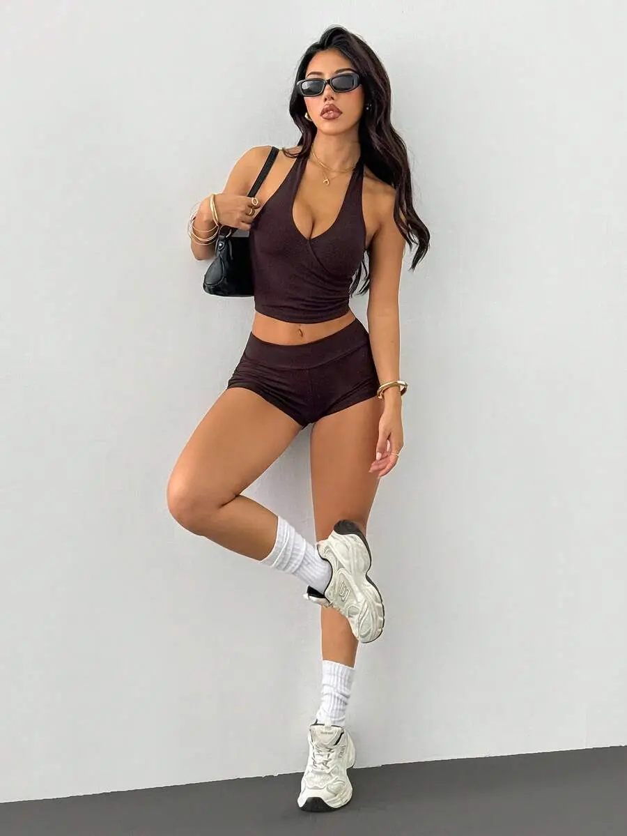 2 Pieces Women's Camisole And Shorts Pajama Set Burgundy Petite Women Comfortable Loungewear Trendy Sleepwear Casual Outfit