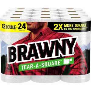 Brawny Tear-A-Square Paper Towels, 12 Double Rolls = 24 Regular Rolls, 3 Sheet Sizes (Quarter, Half, Full), Strength for All Messes, Cleanups, and Meal Prep