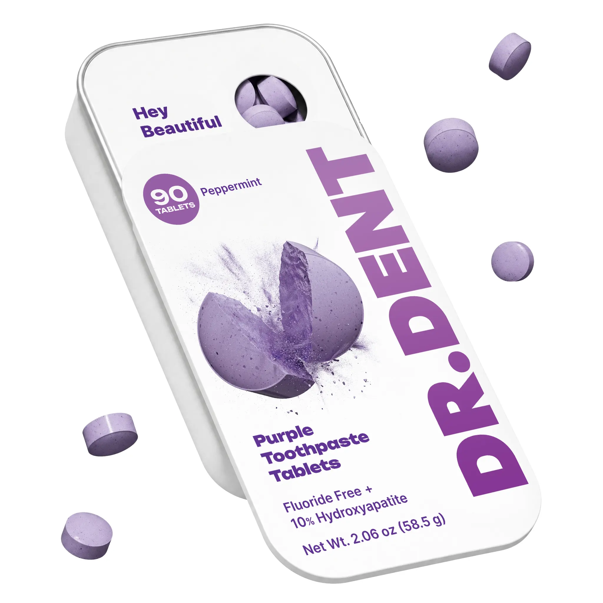DR.DENT Purple Toothpaste Tablets with Hydroxyapatite & PAP | Fluoride-Free, SLS-Free, Vegan | Purple Tone-Correcting Formula | 90 Chewable Tablets per Tin