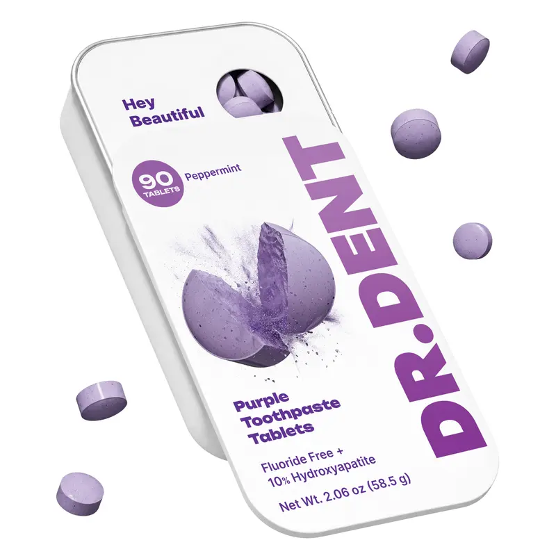 DR.DENT Purple Toothpaste Tablets with 10% Hydroxyapatite & PAP | Fluoride-Free, SLS-Free, Vegan | Purple Tone-Correcting Formula | 90 Chewable Tablets per Tin