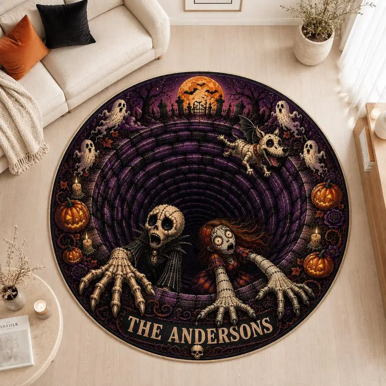 Custom Name Halloween 3D Illusion Round Area Rug, Spooky Skeleton Zombie Optical Illusion Circle Floor Mat, Non-Slip Washable Halloween Bedroom Living Room Decor Gift