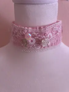 Pink Lace Choker with Embroidered Flowers Handmade Kawaii Jewelry Soft Pastel Statement Necklace Adjustable Chain Links Y2K Fashion