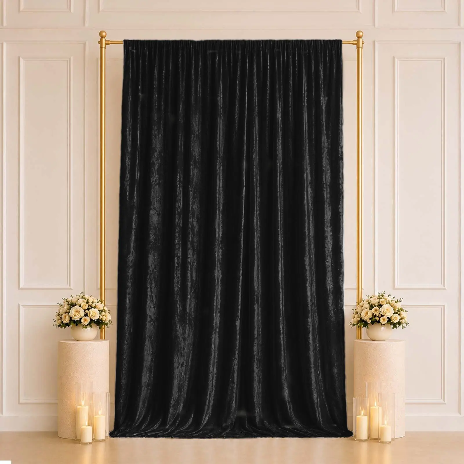Black Premium Crushed Velvet Backdrop Curtain 5ft x 12ft – Event Drape Panel & Photo Booth Background with Rod Pocket, 70% Blackout