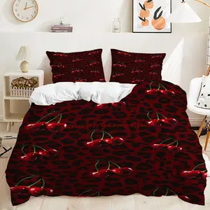 2/3Pcs Vibrant Red Cherry Duvet Cover Set, Glossy Juicy Cherries on Bold Leopard Print Bedding Set, Eye-Catching and Stylish Bedroom Decorations for a Chic Home Makeover，Includes 1 or 2 Pillowcase - No filling/Zipper Closure