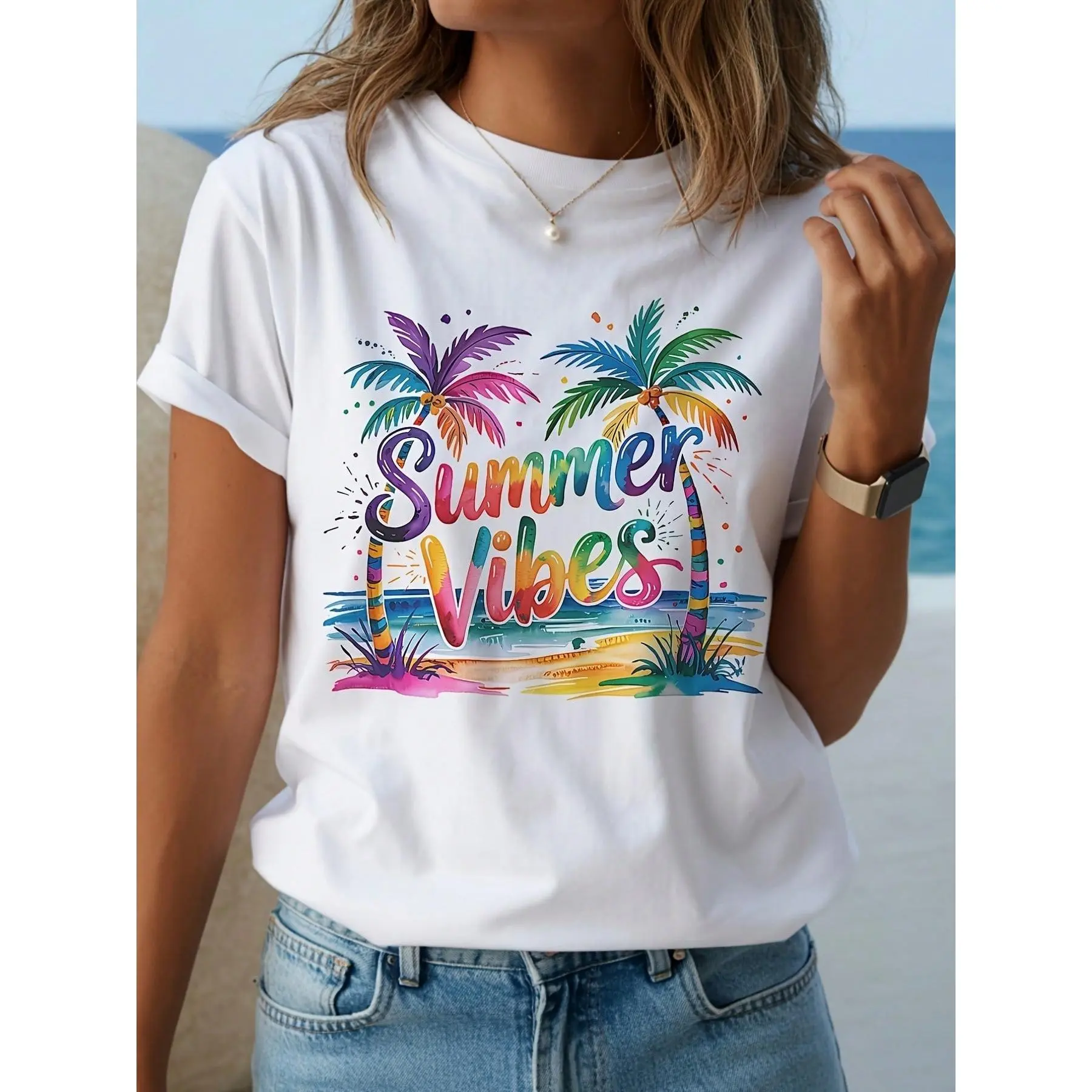 Women's Y2K Tropical Palm Tree T-Shirt | Multi-Color Beach Graphic Tee | 100% Cotton Summer Casual Top