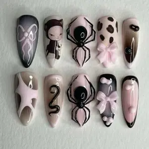 S202 Nailed by Vibe Pastel Gothic Press-On Nails, Creepy Cute Pink Black Theme, 3D Spiders, Bows & Snake Art, Handmade Unique Nail, Halloween Nail