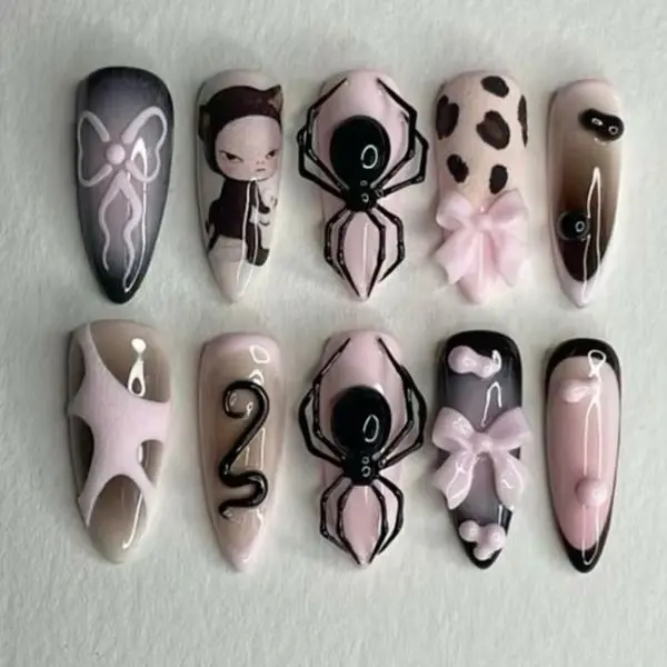 S202 Nailed by Vibe Pastel Gothic Press-On Nails, Creepy Cute Pink Black Theme, 3D Spiders, Bows & Snake Art, Handmade Unique Nail, Halloween Nail