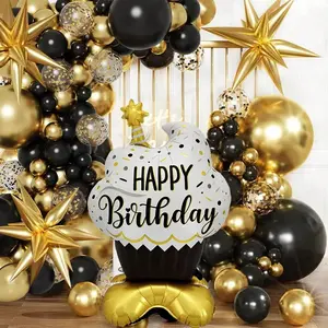 1 giant black-and-gold birthday cake-shaped foil balloon, Happy Birthday, ideal for party decoration and photo props; suitable for party setup, holiday decorations, birthday celebrations, birthday parties, and gift-giving.