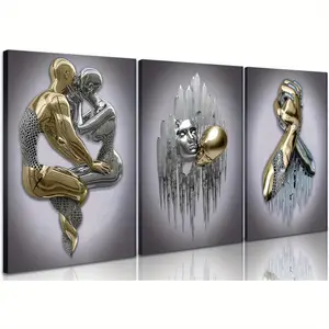 Wall Art Set Of 3-3D Metal Effect Couple Canvas Paintings Wall Decor, Abstract Figure Statue Art Prints For Living Room Home Decor 16''X24''X3pcs With Frame Hanging Poster Artwork Ornaments Artistic Decoration Photo Oilpainting Bedroom Wood