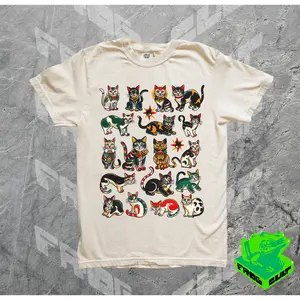 90s Tattoo Cat Shirt, Vintage Traditional Flash Tattoo Kitty Art Tshirt,  Cute Cat Lover Gift Tee, Gift For Her, Lucky Cat