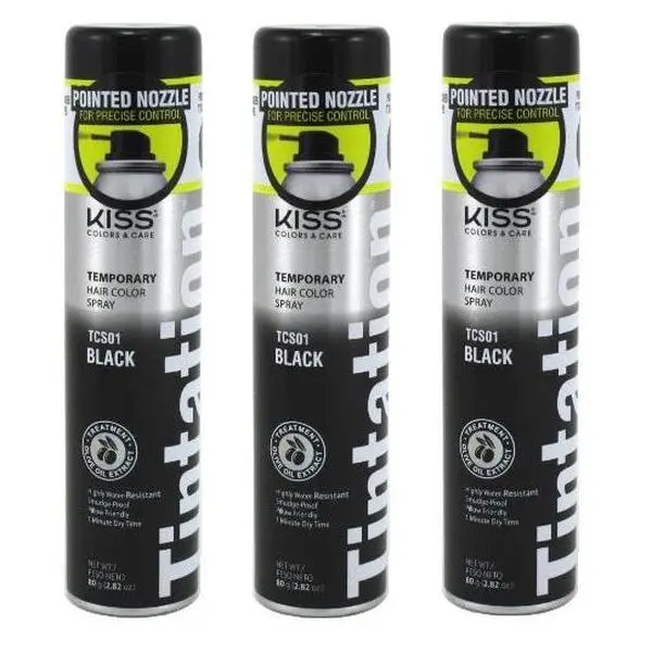 Kiss Tintation Color Spray TCS01 Black - 3 Pack Temporary Hair Color Spray for Vibrant Looks - Korea Made Hair Dye Cream