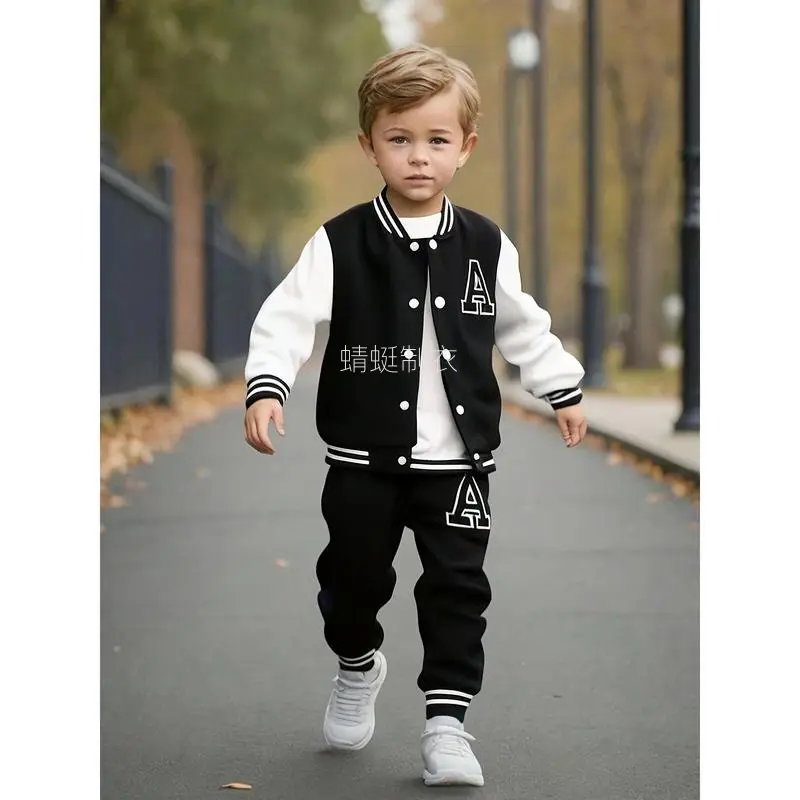 NewEuropean And American Baby Boy Autumn And Winter Baseball Jacket with Letter A Print on It + Letter A Print Long Pants Two-Piece Set, Perfect for Outdoor(Gift)11