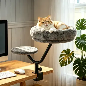 Unidevice Luxury Cat Desk Bed with Step Cover – 360° Swivel Design, Maximum weight capacity 40LB, Corduroy Fleece Mat, Great gift for cat birthdays, holidays, winter warm pet outdoorfun