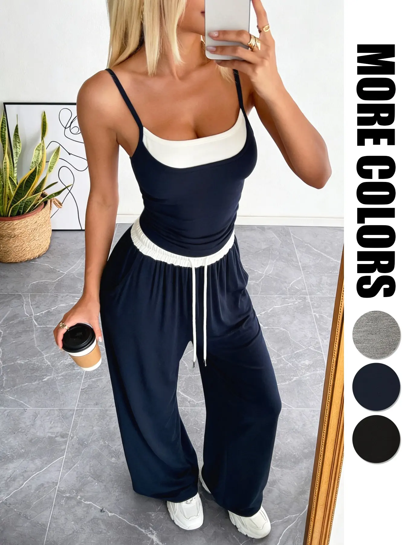 Women's 2 Piece Double Layer Cami Top with Contrast Wide Leg Pants Wrinkle Resistant Breathable Summer Outfit with Pockets Drawstring