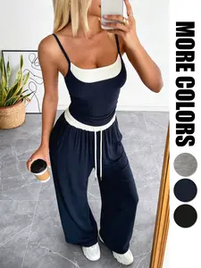 Women's 2 Piece Double Layer Cami Top with Contrast Wide Leg Pants Wrinkle Resistant Breathable Summer Outfit with Pockets