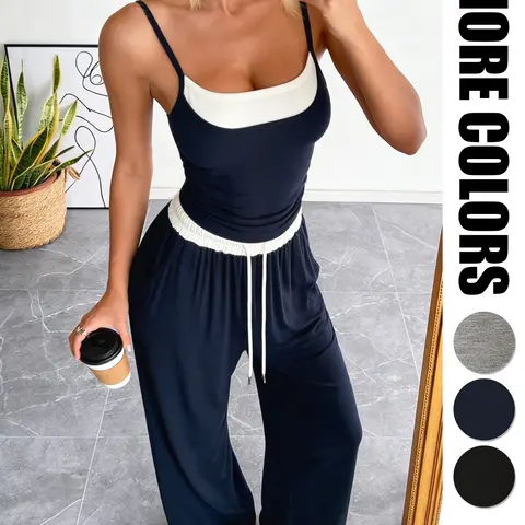 Women's 2-Piece Double Layer Cami Top with Contrast Wide Leg Pants Wrinkle-Resistant Breathable Summer with Pockets, Colorblock Sportswear Set, Casual Sportswear Outfit