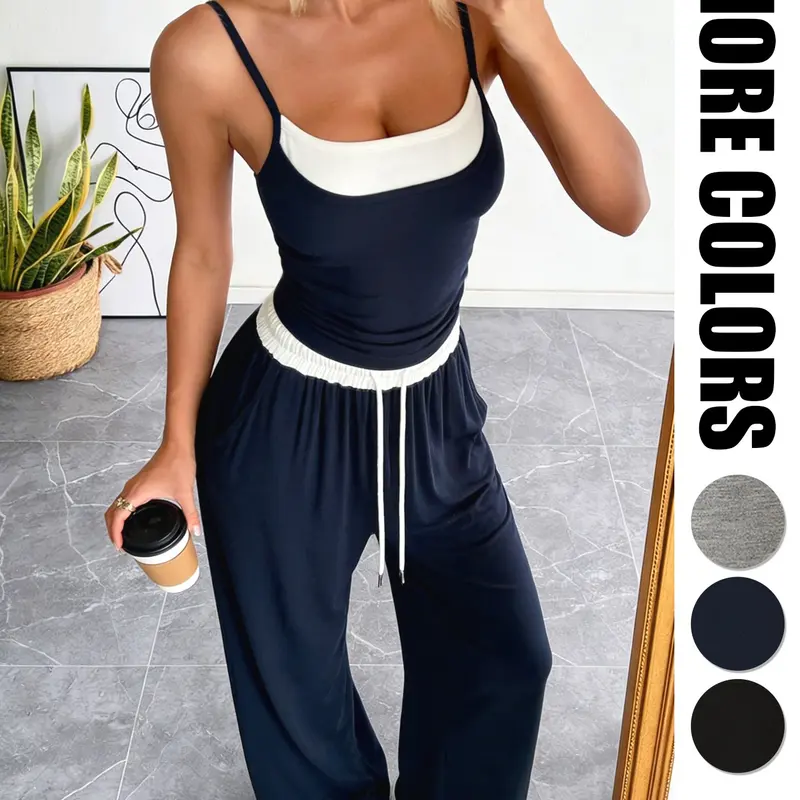 Women's 2-Piece Double Layer Cami Top with Contrast Wide Leg Pants Wrinkle-Resistant Breathable Summer with Pockets, Colorblock Sportswear Set, Casual Sportswear Outfit
