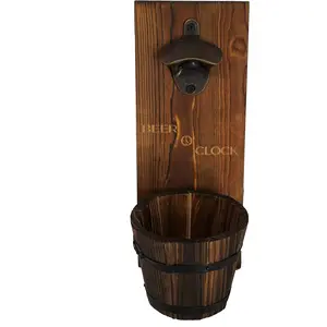 Beer o clock rustic wall mounted bottle opener and catcher dark stain pine with zinc alloy opener removable wooden bucket man or woman cave ready