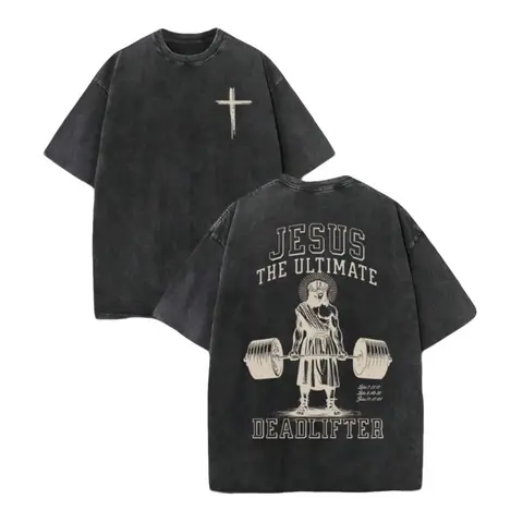 Men's Oversized Loose Vintage Washed Distressed Round Neck Short-Sleeve Menswear Top - Deadlifter Graphic Print, Faith Theme, All-Seasons Comfort, Ideal Gift for Gym Christians, Casual Streetwear Tee