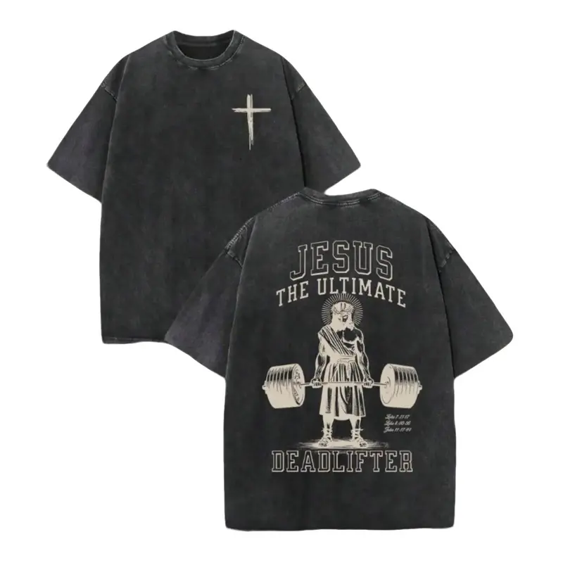 Men's Oversized Loose Vintage Washed Distressed Round Neck Short-Sleeve Menswear Top - Deadlifter Graphic Print, Faith Theme, All-Seasons Comfort, Ideal Gift for Gym Christians, Casual Streetwear Tee