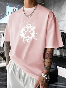 Men's Short Sleeve T-Shirt Summer, Dog Paw Cat Paw Ink Creative Print, Heart Healing Style, Loose Fit Drop Shoulder Top