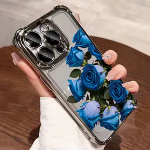 A new minimalist phone case with blue rose design, TPU shockproof full protection case with electroplated frame, suitable for iPhone 17/16/15/14/13/12/11 PRO PROMAX PLUS AIR X XSMAX, an ideal gift for friends and family, SJQNDD116