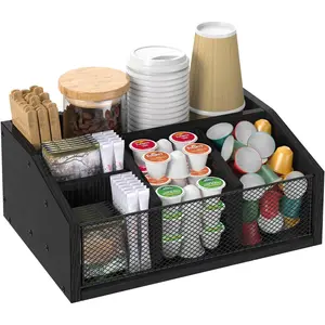 Wooden 5 Compartments Coffee Station Organizer, Countertop Coffee Bar Storage Organizer for Coffee Tea Condiment, Coffee Bar Accessories, Black