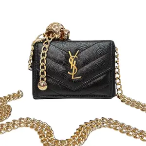 Pre-owned Yves Saint Laurent leather Crossbody Bags SAINT LAURENT Black YSL Compact Trifold Wallet with Adjustable Chain