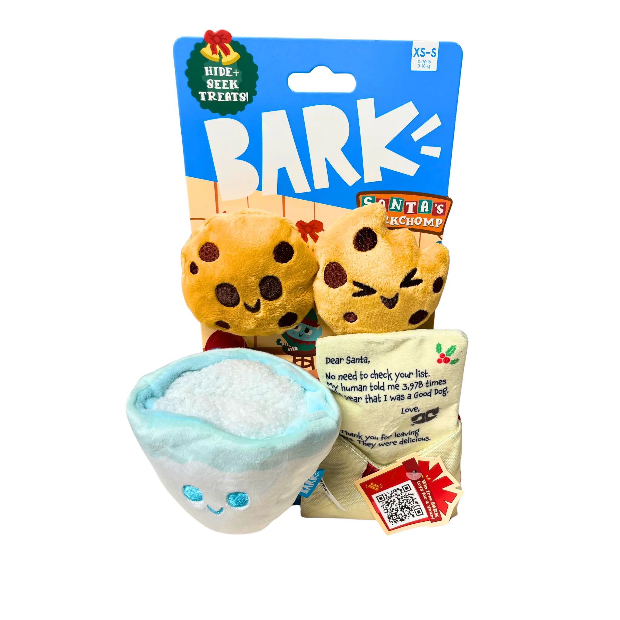 BARK Santa’s Workchomp Dog Toy Set Plush Hide and Seek Cookies Milk XS S