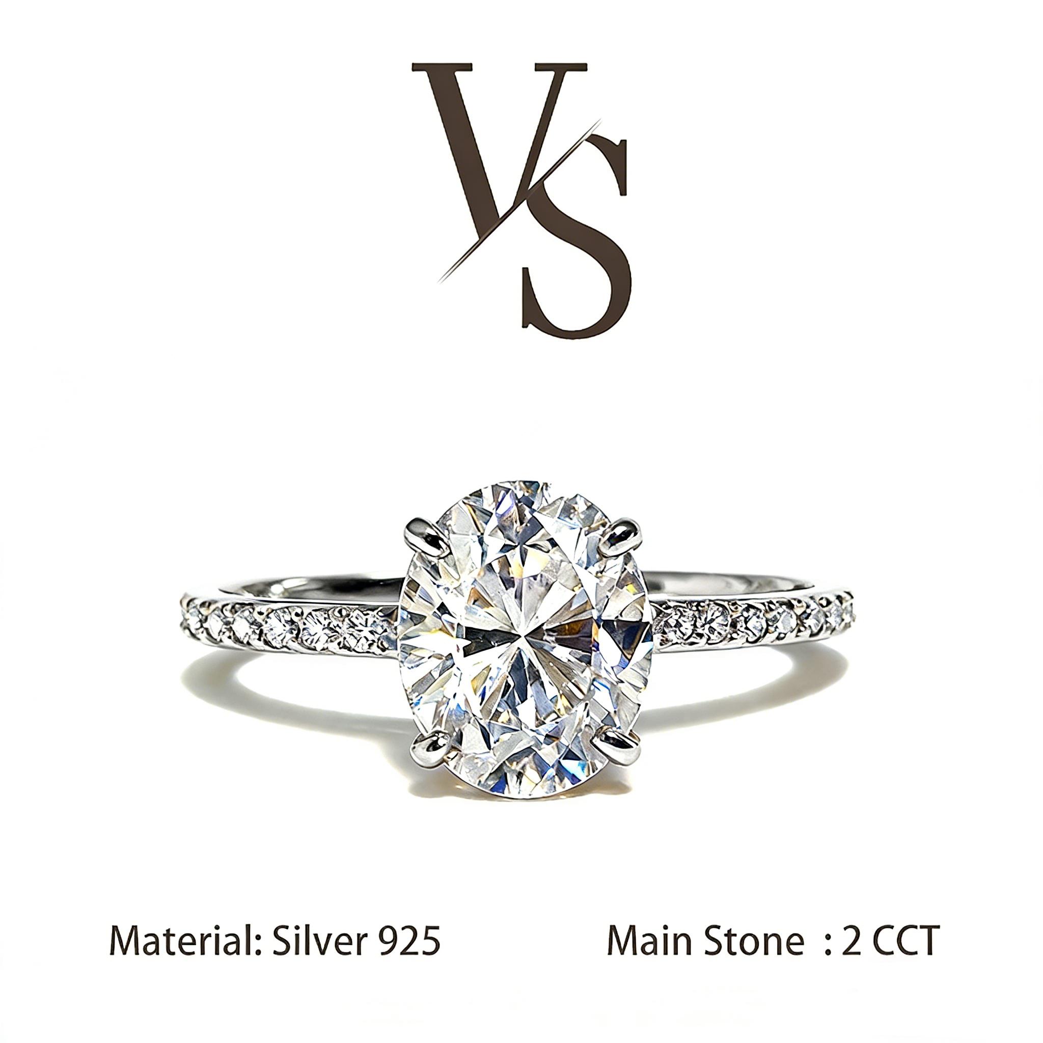 [Venus Jewelry] Synthetic Moissanite 2 CCT Oval Shape Regular Band VVS 1 D Color Solid Silver 925 Solitare Ring