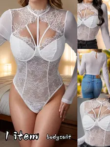 Sexy Wild Chic Style Women's Round Neck Lace Edge Steel Ring Long Sleeve Lingerie Bodysuit, Versatile Party Dress, Perfect for Holidays and Mother's Day