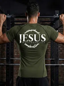 Jesus Athletic Letter Print Short Sleeve Compression Shirt for Men, Gym Performance Top Workout Fitness Running Sporty Tees, Summer Quick-Dry Breathable Round Neck Tight-Fitting T-Shirt Tops, Activewear Sportswear