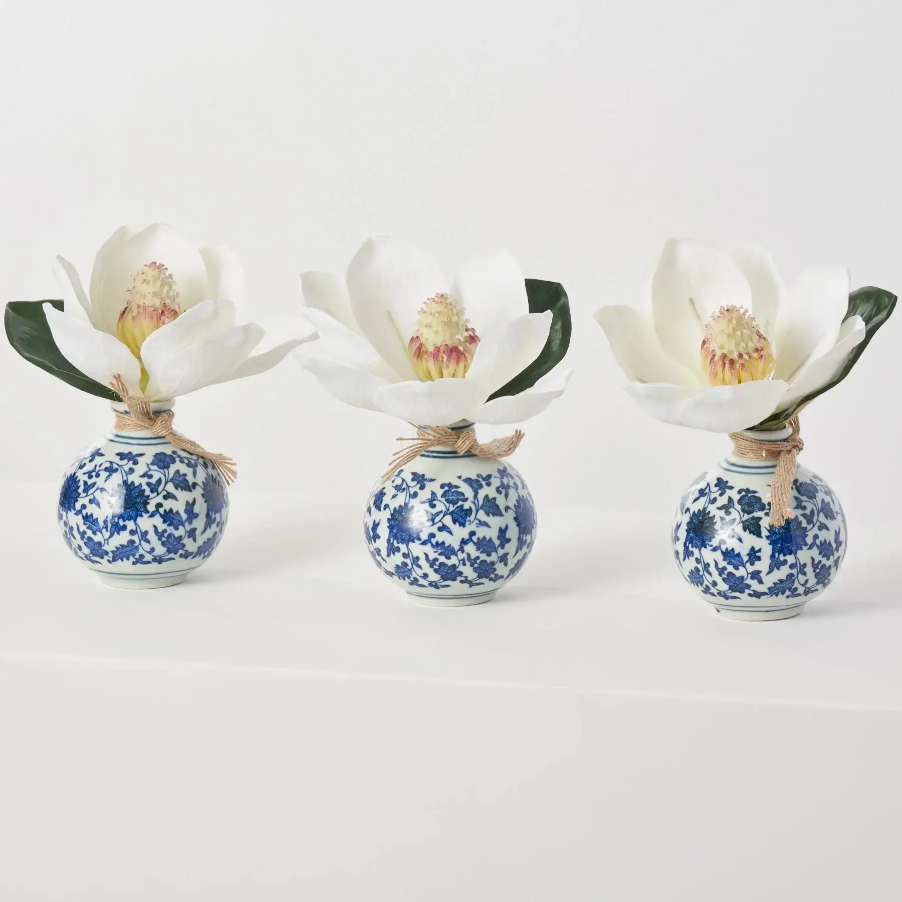 3-Piece Ceramic Blue & White Chinoiserie Bud Vases with White Magnolia Blooms - Natural Home Decor, Table Decoration, Holiday Gift, Ceramic Vase, Decorative, Blue Ceramic Vases