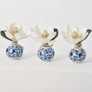 White Magnolia Bloom in Blue & White Chinoiserie Bud Vase Holiday Everyday Christmas Decor - Set of 3