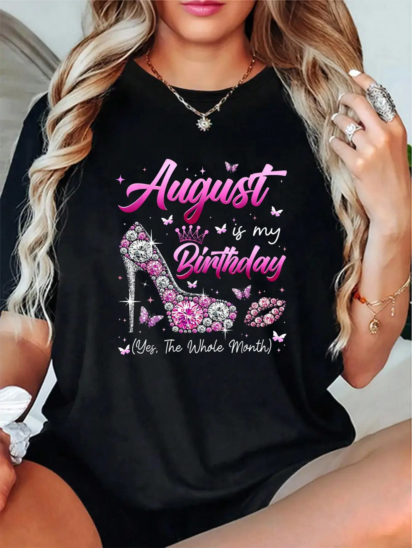 Lady's 100% Cotton Breathable Crew Neck Short-Sleeve Cute Graphic T-Shirt - Unisex Style, 8th Birthday Queen Whole Month Design, Everyday Casual Top
