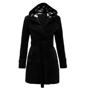 Double Breasted Grey Woolen Coats With Belt Vintage Elegant Women Plaid Hooded Lapel Jackets Winter Warm Plus Size Slim Overcoat