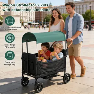 Wagon Stroller for 2 Kids, with Detachable Sunshade,Baby stroller& Camping StrollerTwo-Way Push, Foldable, Aluminum Frame, for 0-36 Months Baby