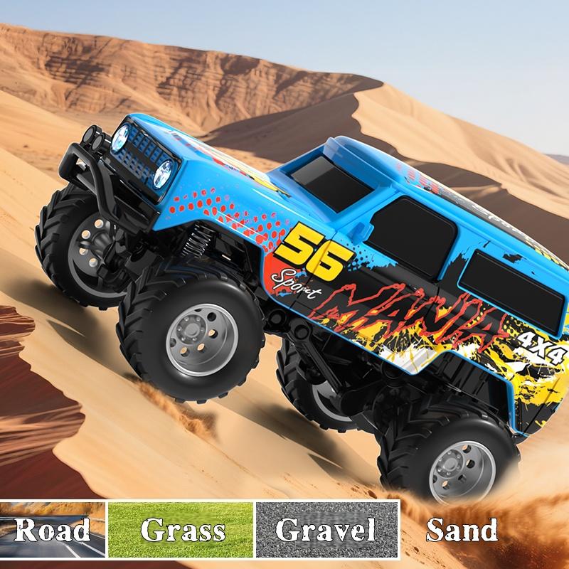 Mini RC Truck 1:64 Scale Monster Truck Remote Control Car with Lights 2.4 GHz Mini Alloy Remote Control Adjustable Speed and Steering Red Blue Green Compact On-the-Go Design