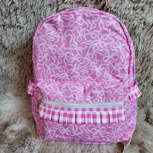 Pink gingham ruffle bow printed pockets backpack kids girls book bag