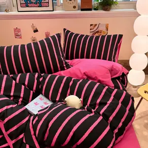 3pcs black and hot pink /black white Striped Bedding Set, Includes 1 Fitted Sheet and 2 Pillowcases, Zippered, Soft Fabric, All Seasons