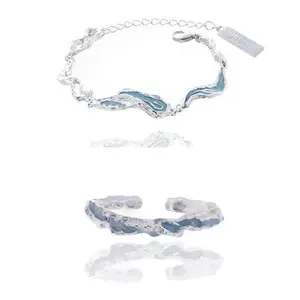 Design sense of light blue bracelet ring set men and women irregular dripping texture niche high-end accessories hand jewelry