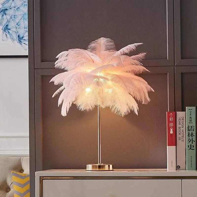 Pink Ostrich Feather Table Lamp, 3 Color Modes Bedside Lamp with 40 Feathers & 5 G4 LED Bulbs, Romantic Decor Light for Girls Bedroom Nightstand